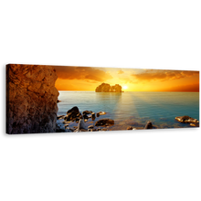 Load image into Gallery viewer, Ocean Rocks Wall Art, Blue Sea Boulders Panoramic Canvas Print, Dramatic Yellow Cloudy Sunset Sky Canvas Art
