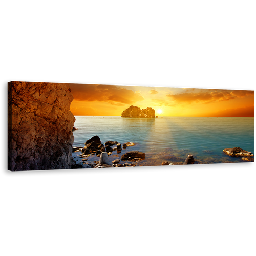 Ocean Rocks Wall Art, Blue Sea Boulders Panoramic Canvas Print, Dramatic Yellow Cloudy Sunset Sky Canvas Art