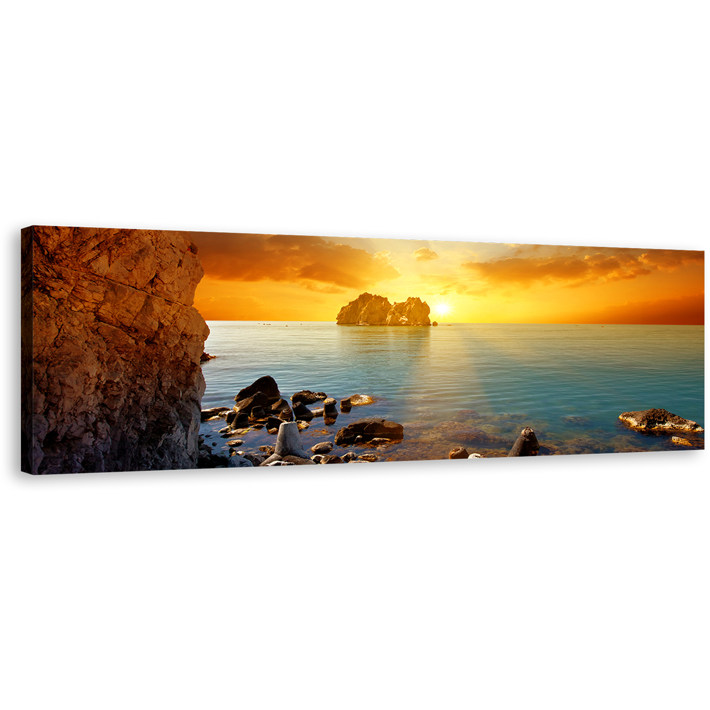 Ocean Rocks Wall Art, Blue Sea Boulders Panoramic Canvas Print, Dramatic Yellow Cloudy Sunset Sky Canvas Art