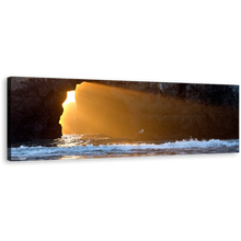 Load image into Gallery viewer, Ocean Rocks Wall Art, Blue Sea Cave 1 Piece Canvas Print, Yellow Sunlight Streaming Through Rocks Canvas Art
