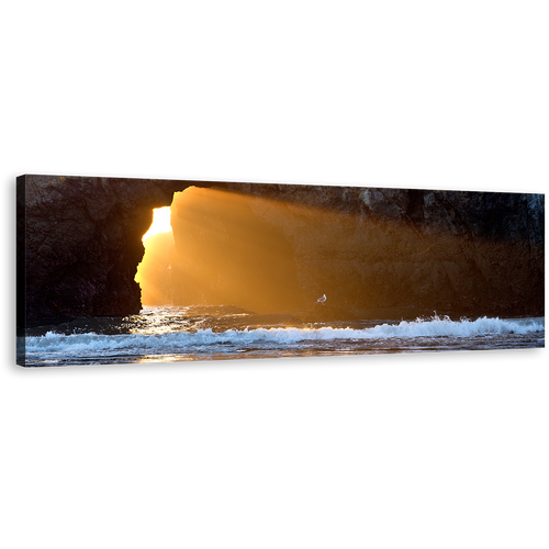 Ocean Rocks Wall Art, Blue Sea Cave 1 Piece Canvas Print, Yellow Sunlight Streaming Through Rocks Canvas Art