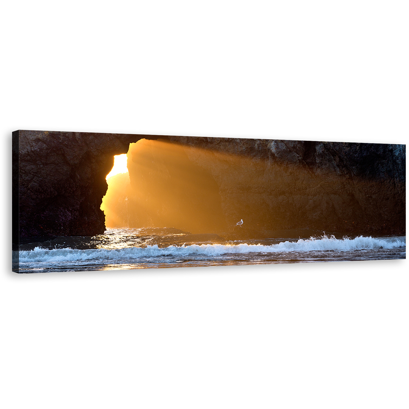 Ocean Rocks Wall Art, Blue Sea Cave 1 Piece Canvas Print, Yellow Sunlight Streaming Through Rocks Canvas Art