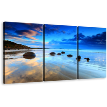 Load image into Gallery viewer, Ocean Rocks Wall Art, Brown Moeraki Boulders Sea 3 Piece Canvas Print, Beautiful Blue Cloudy Sky Ocean Canvas Set
