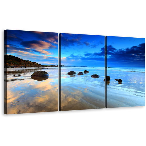 Ocean Rocks Wall Art, Brown Moeraki Boulders Sea 3 Piece Canvas Print, Beautiful Blue Cloudy Sky Ocean Canvas Set