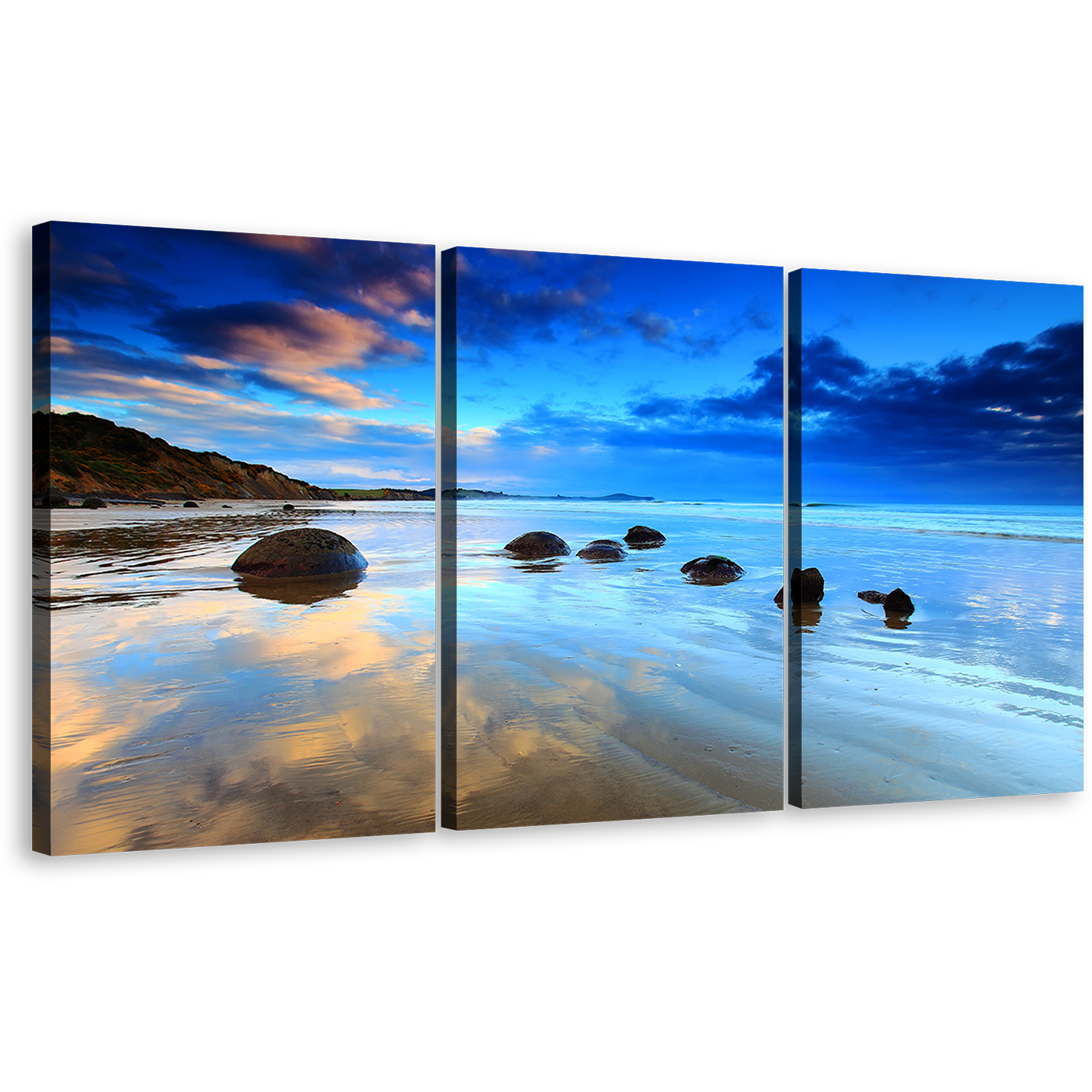 Ocean Rocks Wall Art, Brown Moeraki Boulders Sea 3 Piece Canvas Print, Beautiful Blue Cloudy Sky Ocean Canvas Set