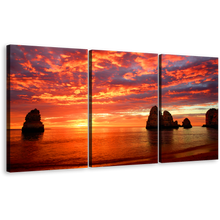 Load image into Gallery viewer, Ocean Rocks Wall Art, Dramatic Orange Clouds Sky Canvas Multi-panel Print, Yellow Cliffs Ocean Sunset 3 Piece Canvas Set
