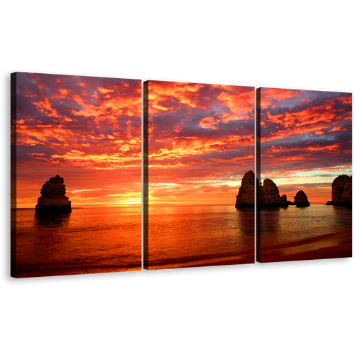 Ocean Rocks Wall Art, Dramatic Orange Clouds Sky Canvas Multi-panel Print, Yellow Cliffs Ocean Sunset 3 Piece Canvas Set