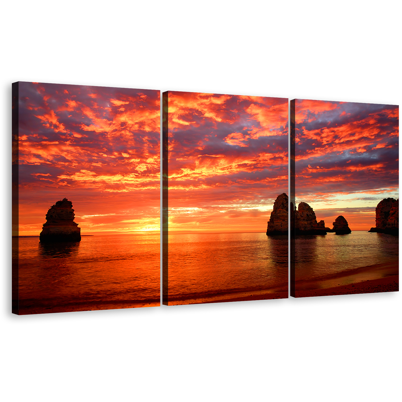 Ocean Rocks Wall Art, Dramatic Orange Clouds Sky Canvas Multi-panel Print, Yellow Cliffs Ocean Sunset 3 Piece Canvas Set