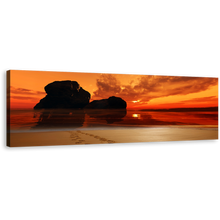 Load image into Gallery viewer, Ocean Rocks Wall Art, Footprint on Sand Orange Sky Panoramic Canvas Art, Red Sunset Footsteps on Beach Canvas Print
