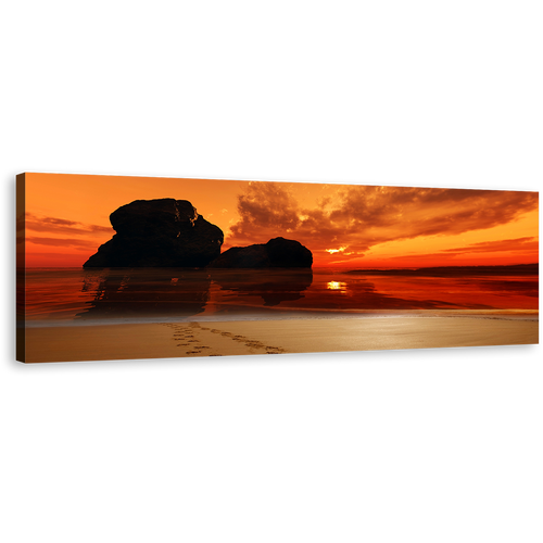 Ocean Rocks Wall Art, Footprint on Sand Orange Sky Panoramic Canvas Art, Red Sunset Footsteps on Beach Canvas Print