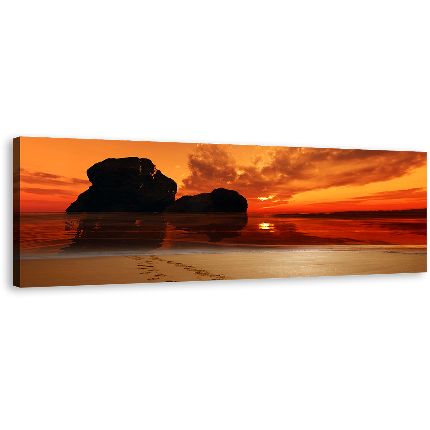 Ocean Rocks Wall Art, Footprint on Sand Orange Sky Panoramic Canvas Art, Red Sunset Footsteps on Beach Canvas Print