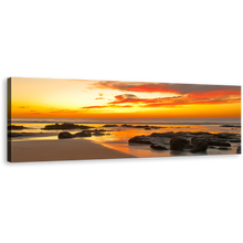 Load image into Gallery viewer, Ocean Rocks Wall Art, Orange Sunset Seascape Canvas Print, Beautiful Yellow Sky Boulders Panoramic Canvas Art
