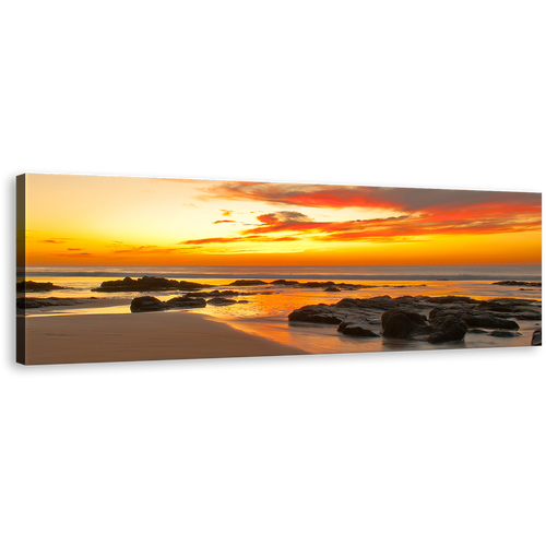 Ocean Rocks Wall Art, Orange Sunset Seascape Canvas Print, Beautiful Yellow Sky Boulders Panoramic Canvas Art