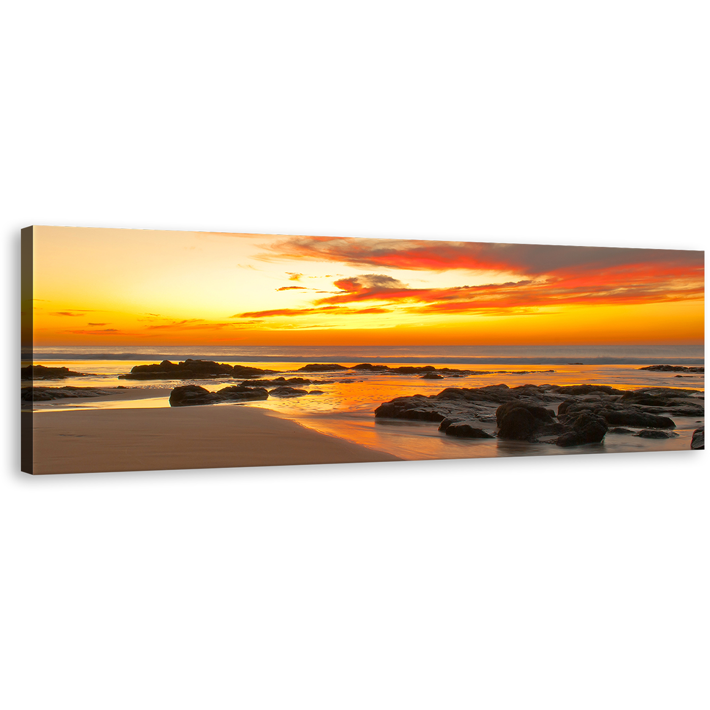 Ocean Rocks Wall Art, Orange Sunset Seascape Canvas Print, Beautiful Yellow Sky Boulders Panoramic Canvas Art