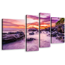 Load image into Gallery viewer, Ocean Rocks Wall Art, Tokoriki Island Orange Sky Multiple Canvas, Purple Fiji Matamanoa Beach Ocean 4 Piece Canvas Print
