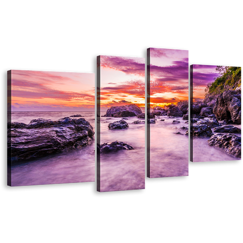 Ocean Rocks Wall Art, Tokoriki Island Orange Sky Multiple Canvas, Purple Fiji Matamanoa Beach Ocean 4 Piece Canvas Print