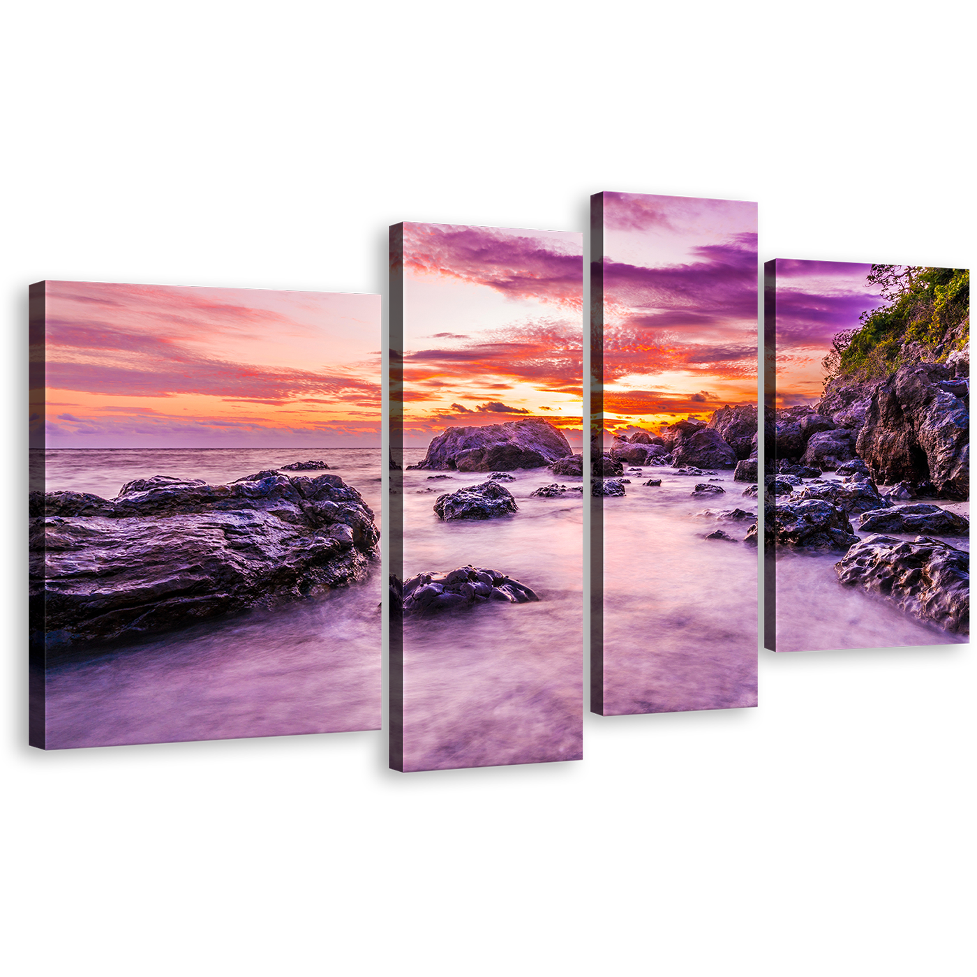 Ocean Rocks Wall Art, Tokoriki Island Orange Sky Multiple Canvas, Purple Fiji Matamanoa Beach Ocean 4 Piece Canvas Print