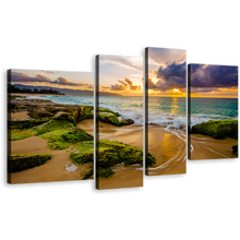 Load image into Gallery viewer, Ocean Scenery Canvas Wall Art, Beautiful Yellow Sunset Ocean 4 Piece Canvas Print, Hawaii Green Ocean Rocks Multiple Canvas
