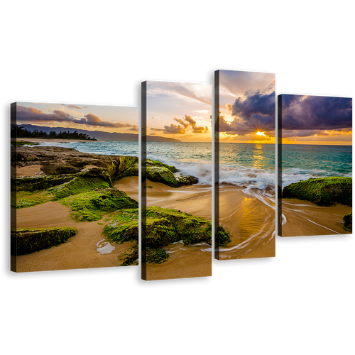 Ocean Scenery Canvas Wall Art, Beautiful Yellow Sunset Ocean 4 Piece Canvas Print, Hawaii Green Ocean Rocks Multiple Canvas