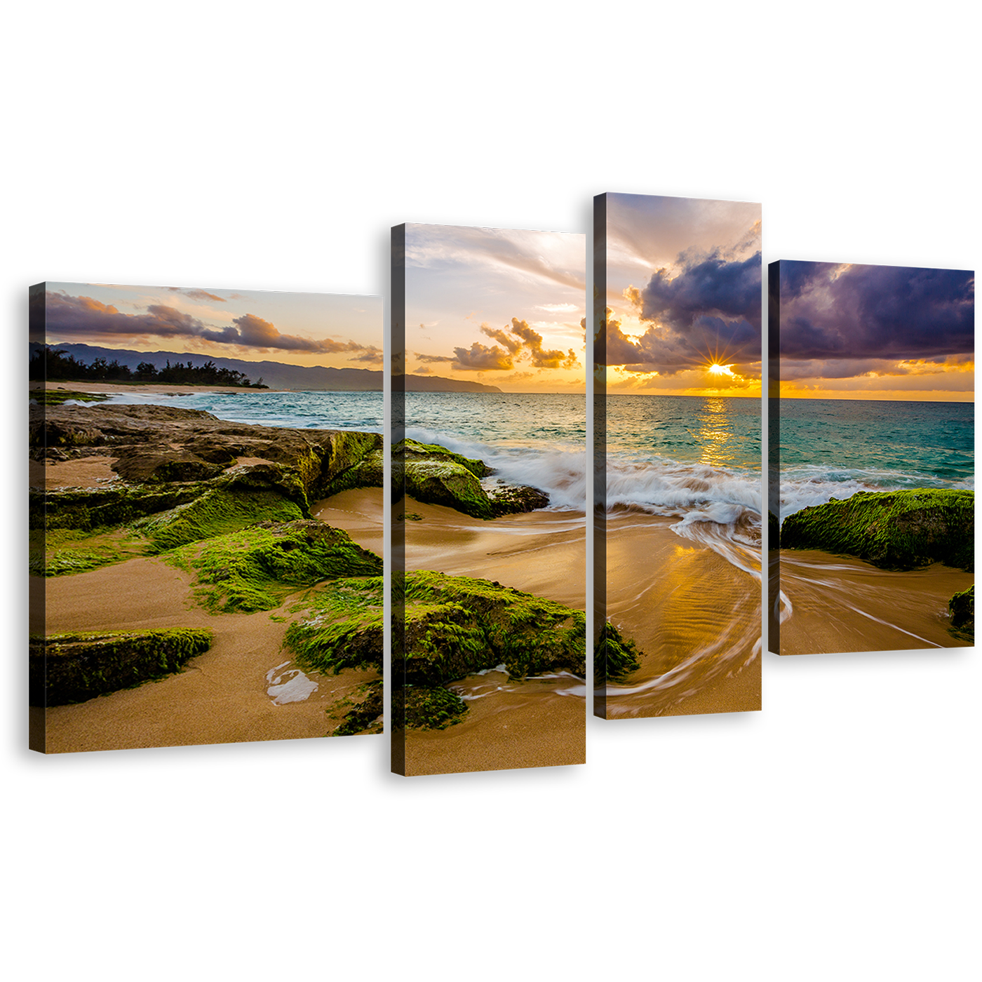 Ocean Scenery Canvas Wall Art, Beautiful Yellow Sunset Ocean 4 Piece Canvas Print, Hawaii Green Ocean Rocks Multiple Canvas