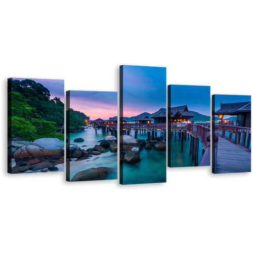 Ocean Scenery Canvas Wall Art, Colorful Pangkor Island 5 Piece Canvas, Beautiful Malaysia Ocean Canvas Set