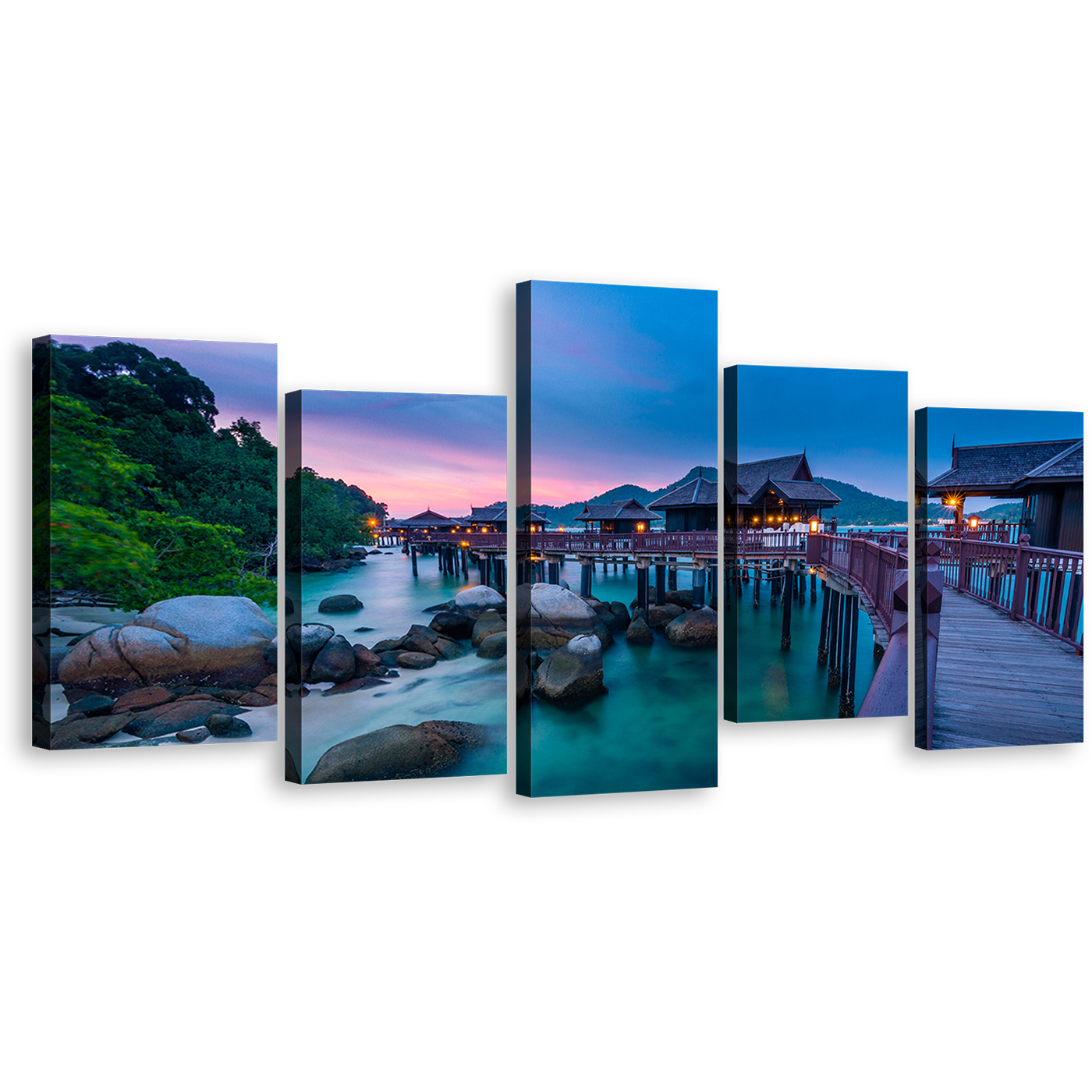 Ocean Scenery Canvas Wall Art, Colorful Pangkor Island 5 Piece Canvas, Beautiful Malaysia Ocean Canvas Set