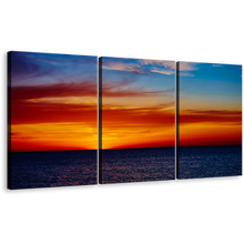 Load image into Gallery viewer, Ocean Sky Canvas Print, Blue Orange Sky Seascape 3 Piece Wall Art, Coast Of The Sea Sunset Triptych Multi Canvas
