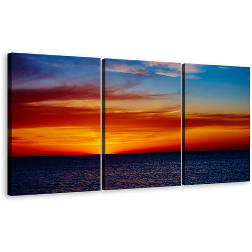 Ocean Sky Canvas Print, Blue Orange Sky Seascape 3 Piece Wall Art, Coast Of The Sea Sunset Triptych Multi Canvas