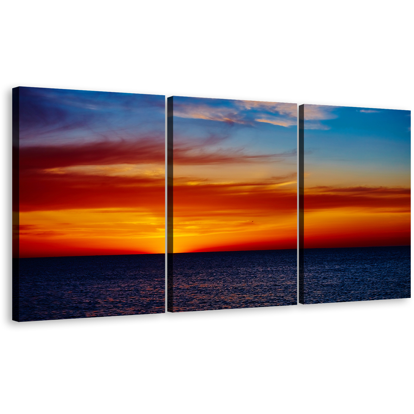 Ocean Sky Canvas Print, Blue Orange Sky Seascape 3 Piece Wall Art, Coast Of The Sea Sunset Triptych Multi Canvas