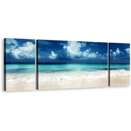 Ocean Sky Canvas Print, Blue Sky Clouds Beach Multiple Canvas, White Sand Caribbean Sea 3 Piece Wall Art