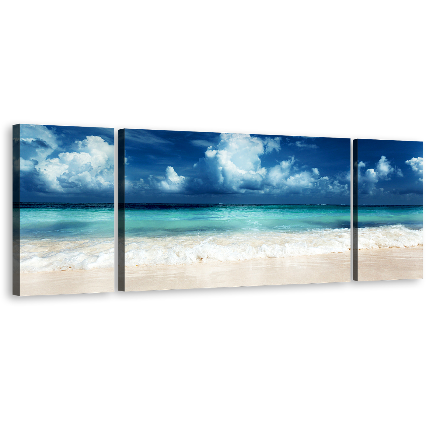 Ocean Sky Canvas Print, Blue Sky Clouds Beach Multiple Canvas, White Sand Caribbean Sea 3 Piece Wall Art