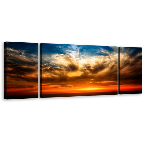 Ocean Sky Canvas Print, Dramatic Blue Cloudy Sky 3 Piece Canvas Wall Art, Orange Red Ocean Sunset Triptych Multi Canvas