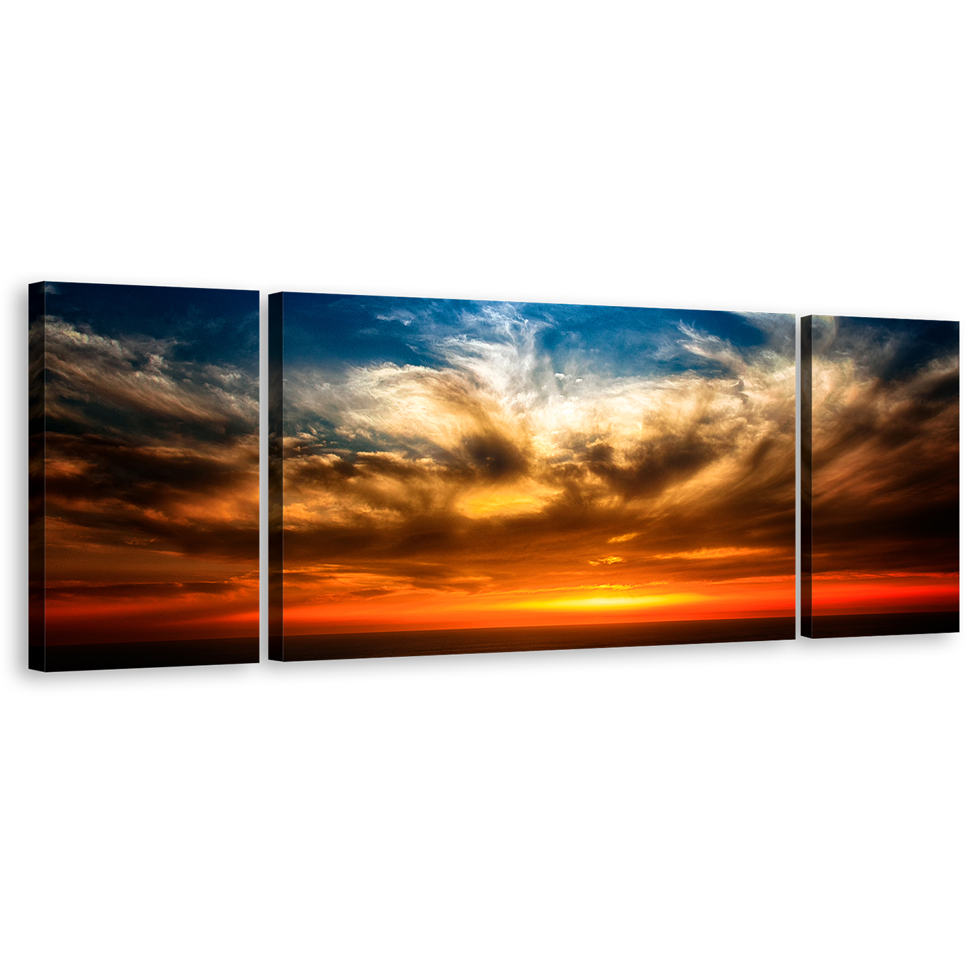 Ocean Sky Canvas Print, Dramatic Blue Cloudy Sky 3 Piece Canvas Wall Art, Orange Red Ocean Sunset Triptych Multi Canvas