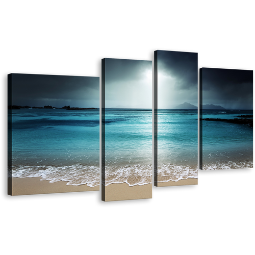 Ocean Sky Canvas Print, Grey Digue Island Clouds Seascape 4 Piece Multiple Canvas, Blue Seychelles Beach Sand Sky Wall Art