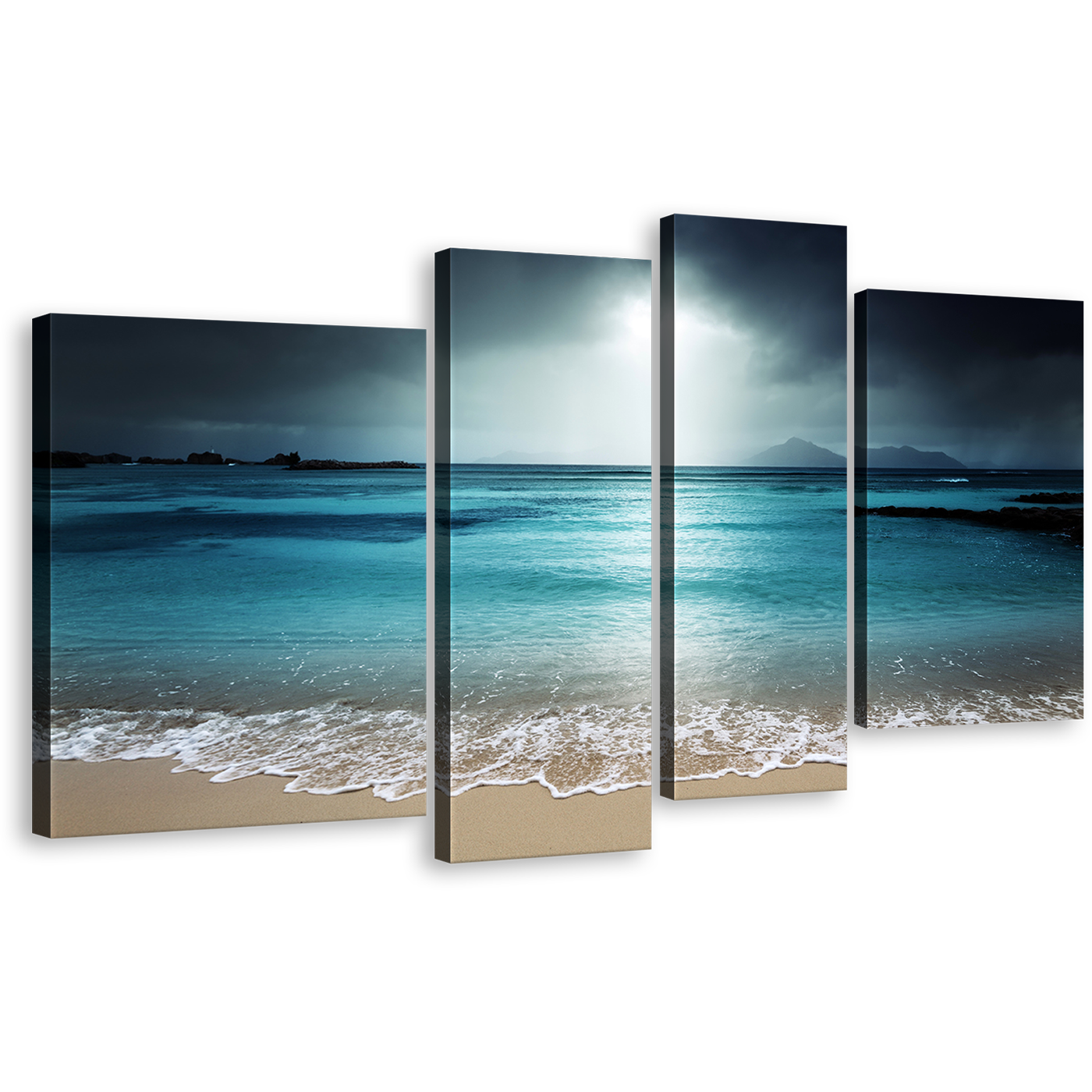 Ocean Sky Canvas Print, Grey Digue Island Clouds Seascape 4 Piece Multiple Canvas, Blue Seychelles Beach Sand Sky Wall Art