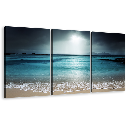 Ocean Sky Canvas Print, Grey La Digue Island Clouds Multi Canvas, Blue Seychelles Beach Sand Sky 3 Piece Canvas Wall Art