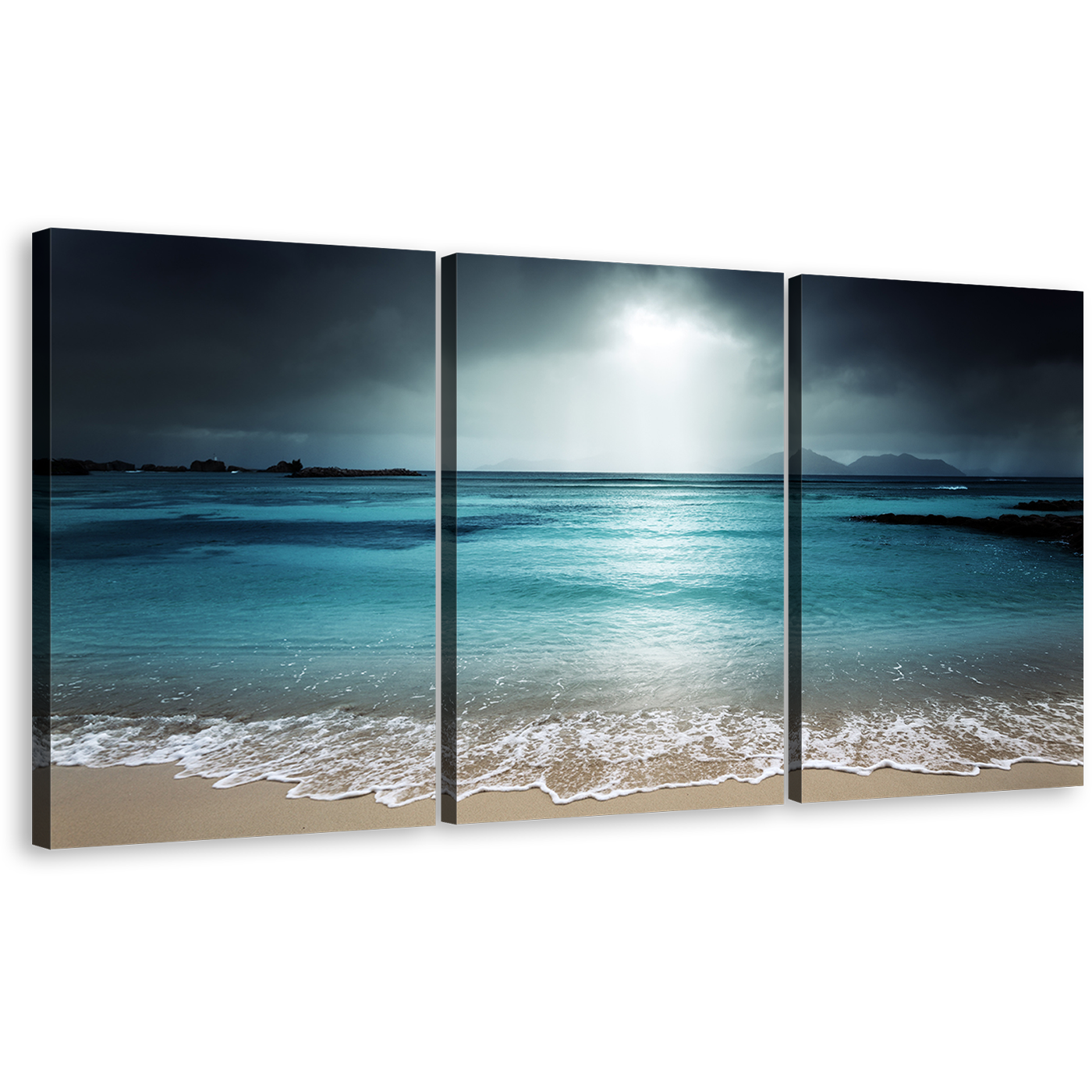 Ocean Sky Canvas Print, Grey La Digue Island Clouds Multi Canvas, Blue Seychelles Beach Sand Sky 3 Piece Canvas Wall Art