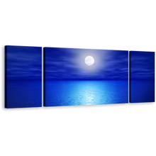 Load image into Gallery viewer, Ocean Sky Canvas Print, Light Blue Calm Ocean Waves Canvas Set, White Full Moon Night 3 Piece Canvas Wall Art
