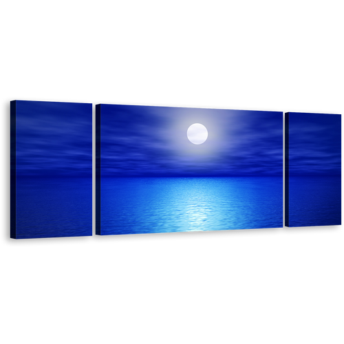 Ocean Sky Canvas Print, Light Blue Calm Ocean Waves Canvas Set, White Full Moon Night 3 Piece Canvas Wall Art