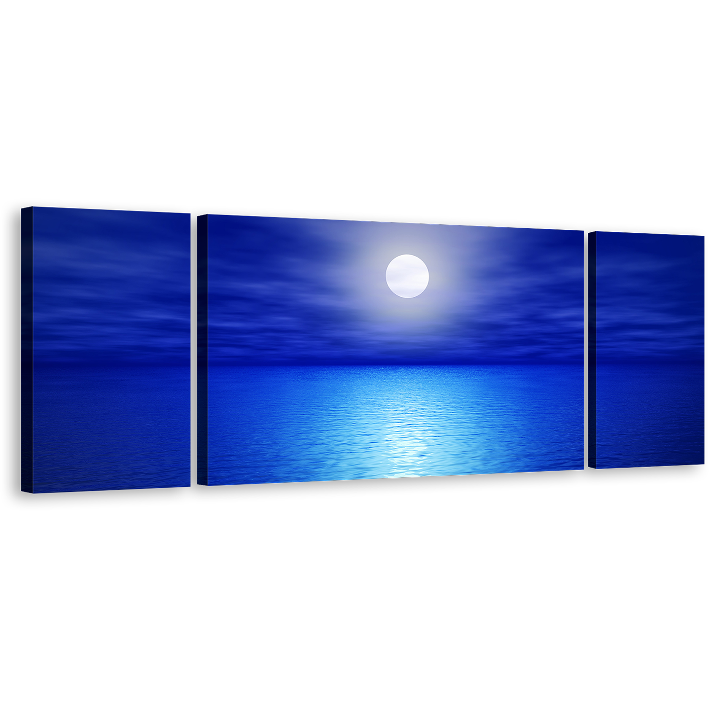 Ocean Sky Canvas Print, Light Blue Calm Ocean Waves Canvas Set, White Full Moon Night 3 Piece Canvas Wall Art