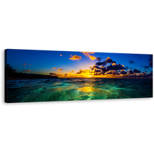 Load image into Gallery viewer, Ocean Sky Canvas Print, North Shore of Oahu Seascape 1 Piece Canvas, Yellow Hawaiian Cloudy Sunset Panoramic Canvas, Sea Green Hawaiian Ocean Panorama Canvas
