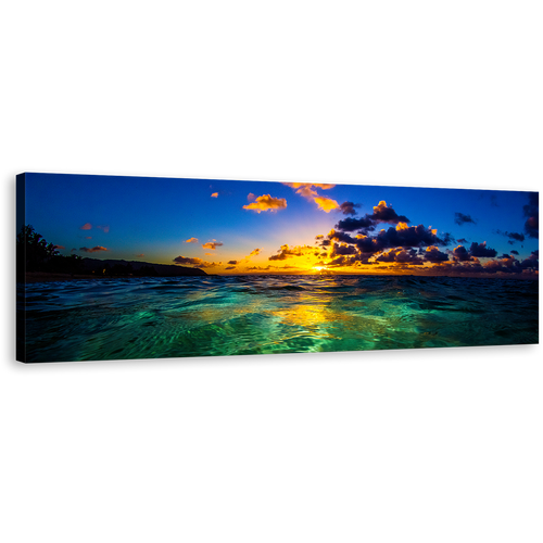 Ocean Sky Canvas Print, North Shore of Oahu Seascape 1 Piece Canvas, Yellow Hawaiian Cloudy Sunset Panoramic Canvas, Sea Green Hawaiian Ocean Panorama Canvas