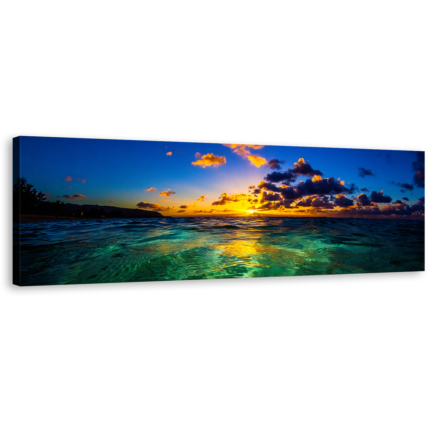 Ocean Sky Canvas Print, North Shore of Oahu Seascape 1 Piece Canvas, Yellow Hawaiian Cloudy Sunset Panoramic Canvas, Sea Green Hawaiian Ocean Panorama Canvas