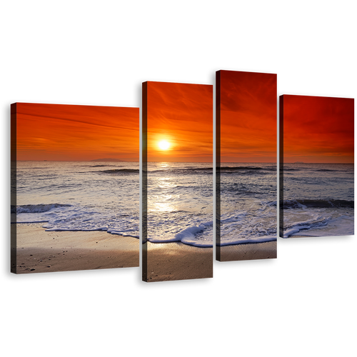 Ocean Sky Canvas Print, Orange Cloudy Seascape 4 Piece Canvas Wall Art, Corsica Beach Multi Canvas Artwork