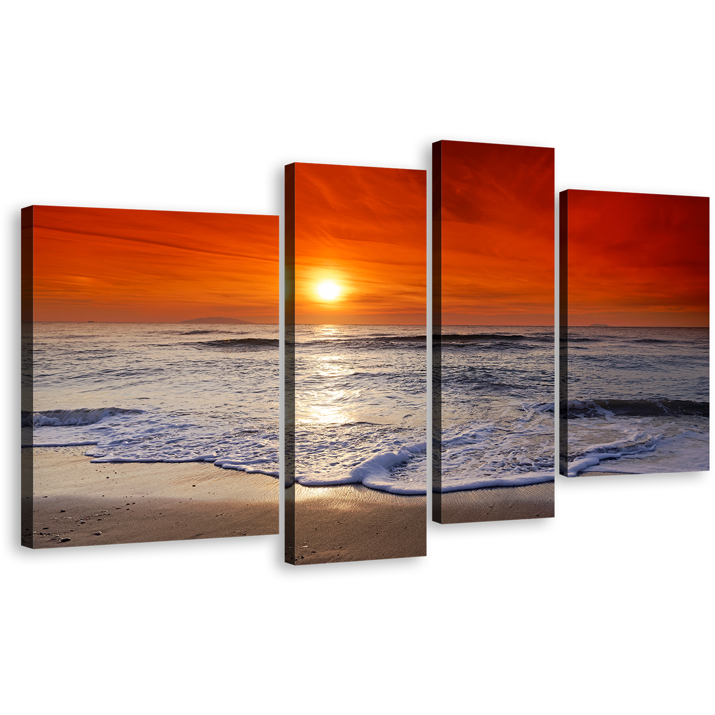 Ocean Sky Canvas Print, Orange Cloudy Seascape 4 Piece Canvas Wall Art, Corsica Beach Multi Canvas Artwork