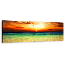 Load image into Gallery viewer, Ocean Sky Canvas Print, Orange Cloudy Sunset Panorama Canvas, Green Seascape Canvas Wall Art
