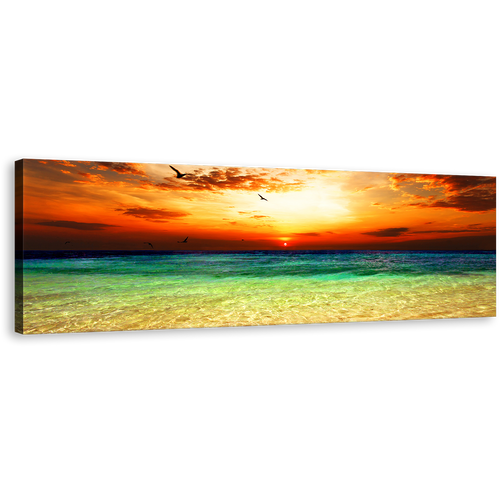 Ocean Sky Canvas Print, Orange Cloudy Sunset Panorama Canvas, Green Seascape Canvas Wall Art