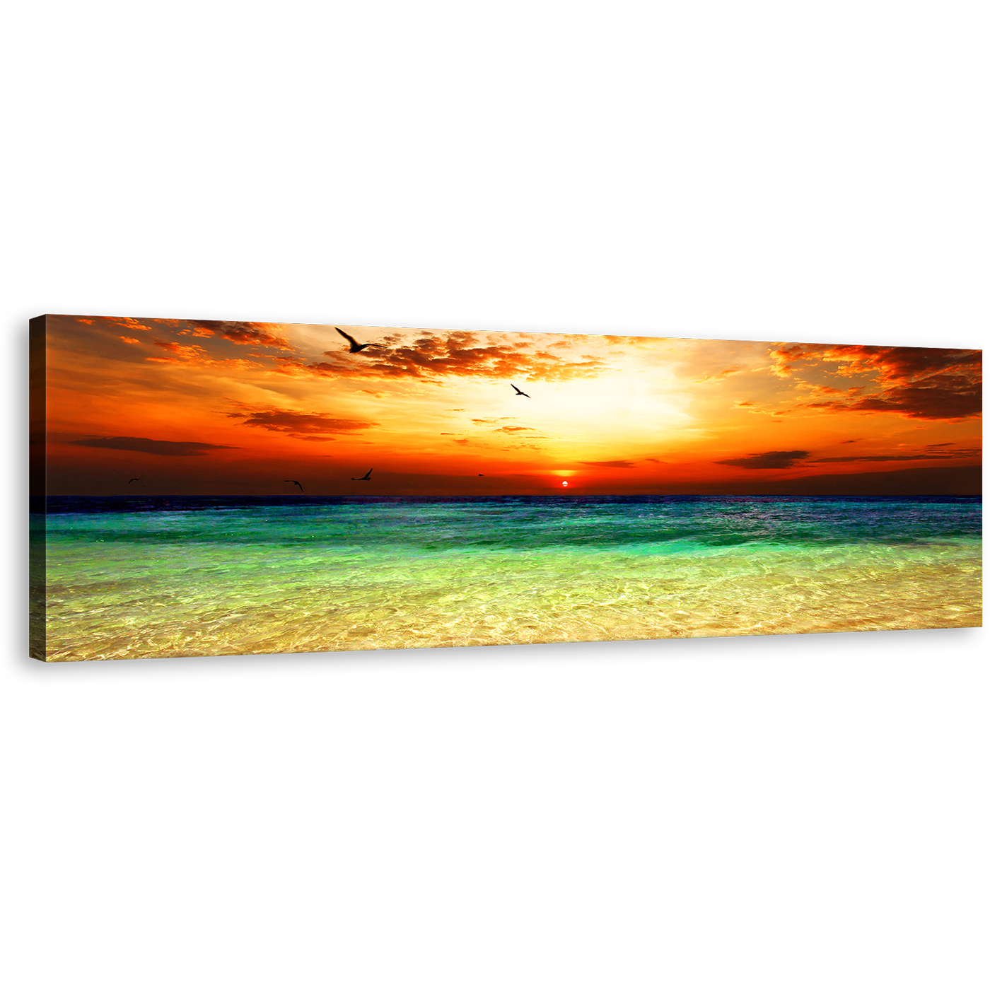 Ocean Sky Canvas Print, Orange Cloudy Sunset Panorama Canvas, Green Seascape Canvas Wall Art