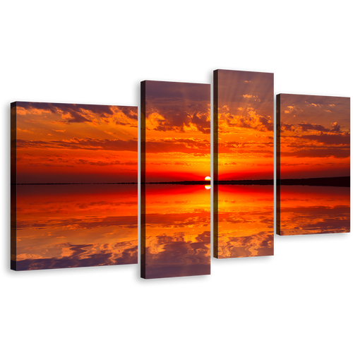 Ocean Sky Canvas Print, Orange Red Sunset Ocean Canvas Wall Art, Dramatic Cloudy Seascape 4 Piece Multi Canvas