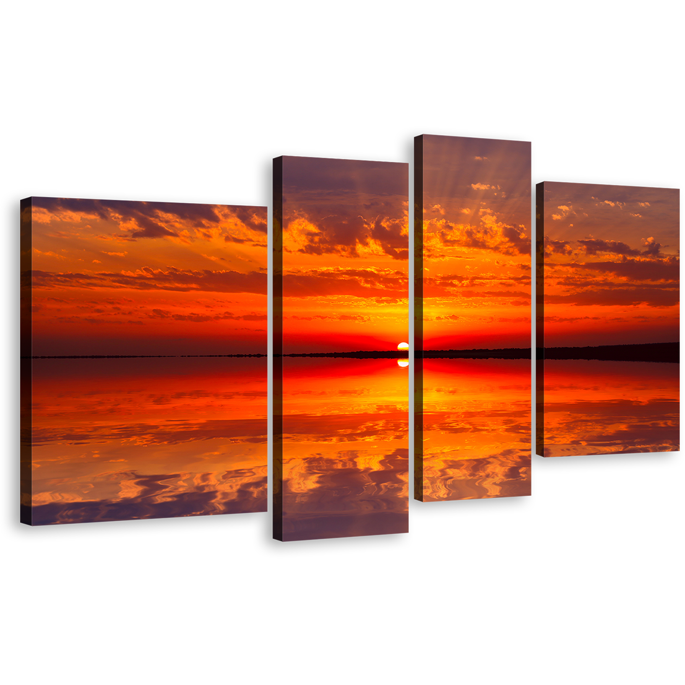 Ocean Sky Canvas Print, Orange Red Sunset Ocean Canvas Wall Art, Dramatic Cloudy Seascape 4 Piece Multi Canvas